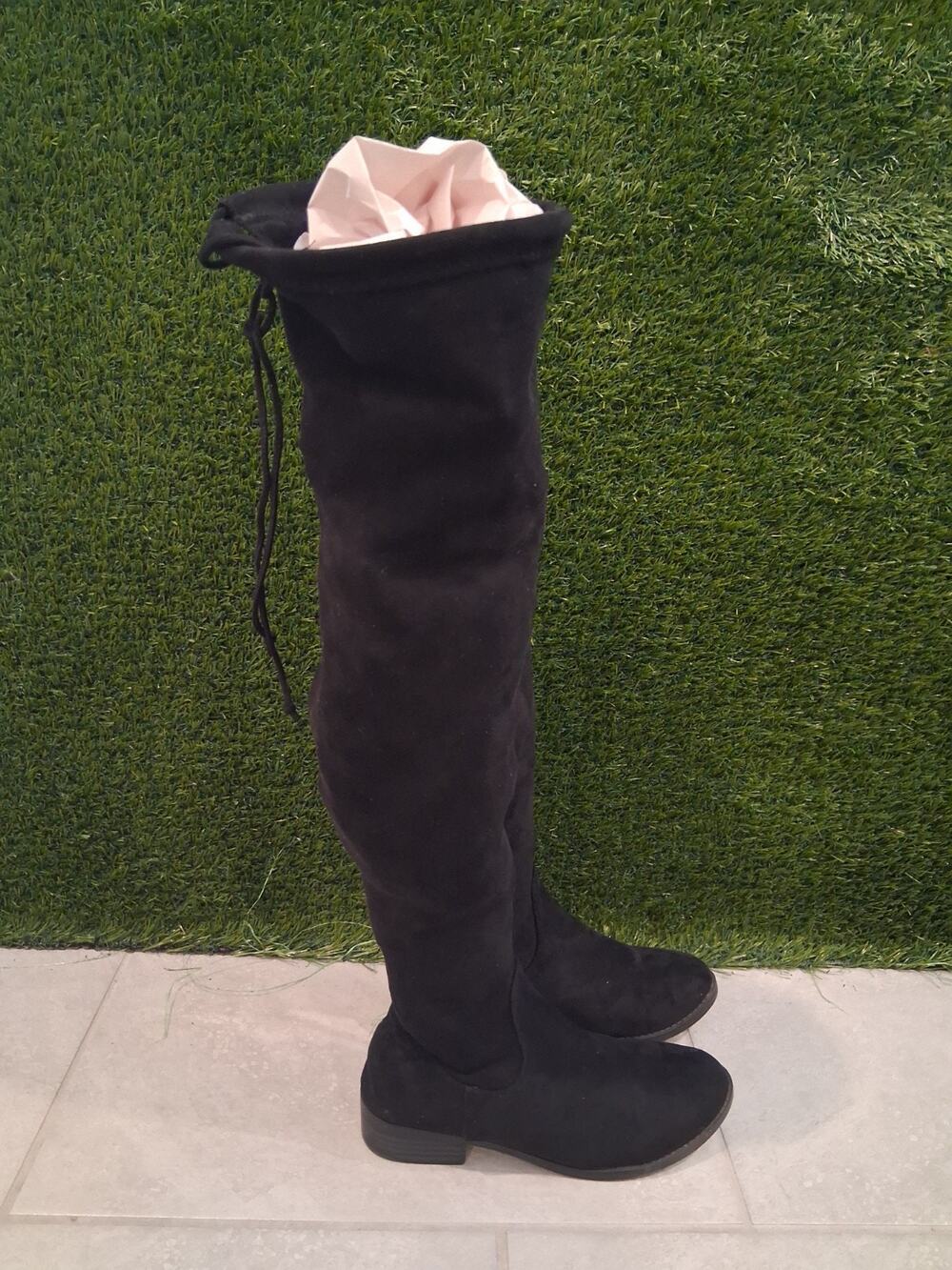 Women's Black Faux Suede Over The Knee Boots Size 7.5 Tie Back Low Block Heel...